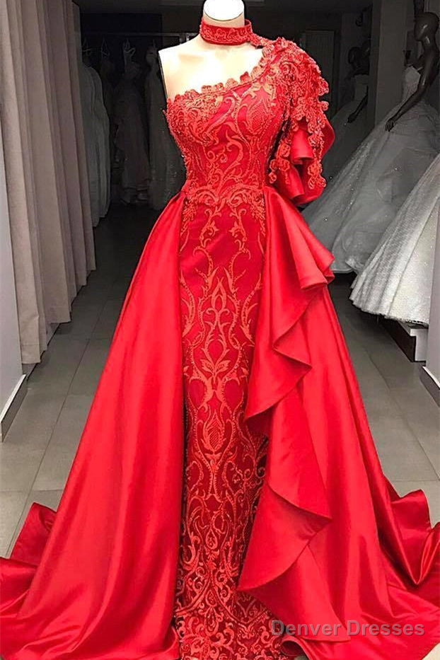 Mermaid High Neck One Shoulder Floor-length Half Sleeve Appliques Lace With Side Train Prom Dress Main image