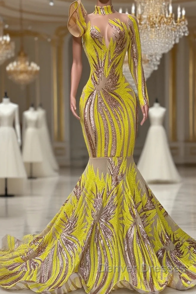 Mermaid High Neck One Shoulder Sequined Floor-length Long Sleeve Lace Prom Dress Main image