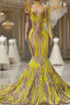 Mermaid High Neck One Shoulder Sequined Floor-length Long Sleeve Lace Prom Dress