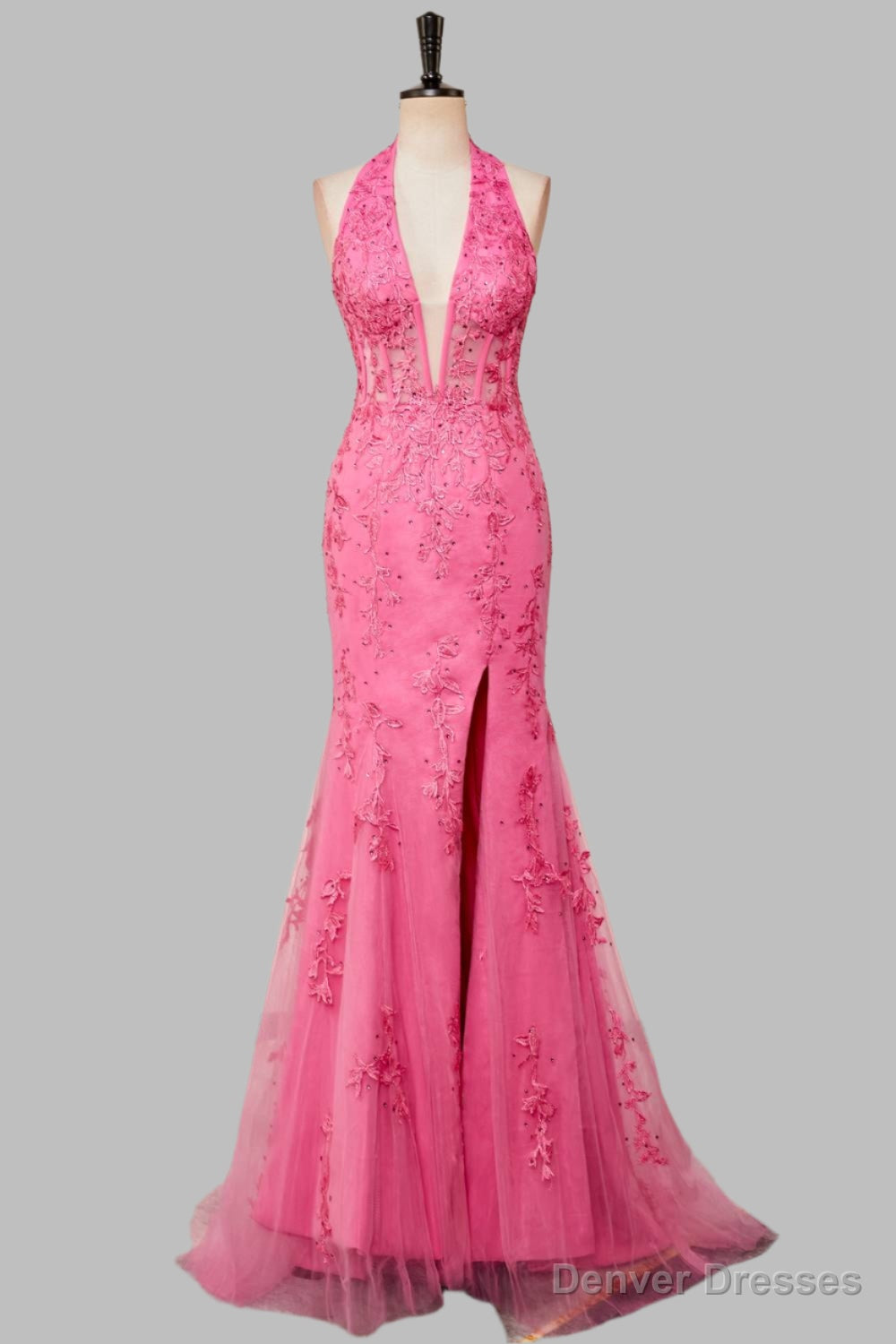 Mermaid Hot Pink Halter Appliques Long Prom Dress with Slit Main image