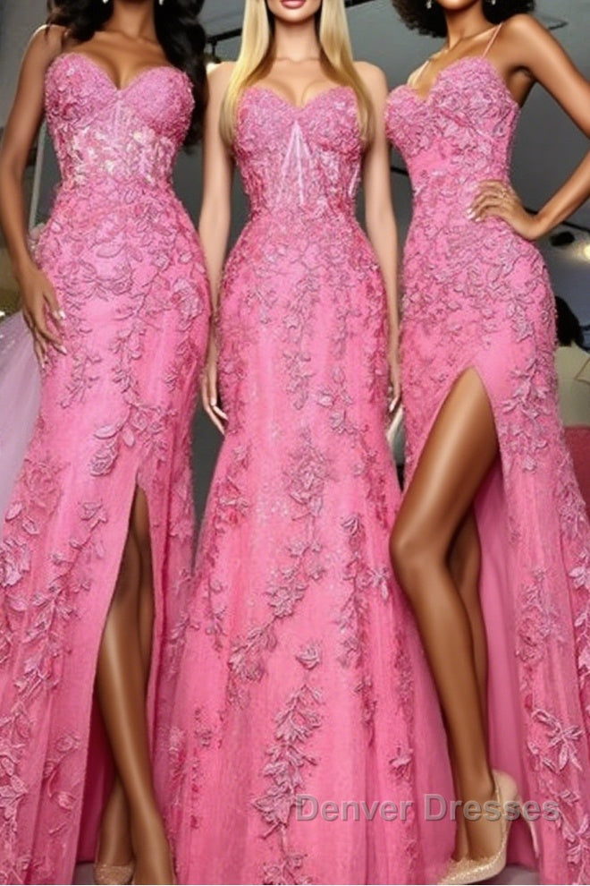 Mermaid Hot Pink Lace Long Prom Dress, Long Hot Pink Formal Graduation Evening Dress Main image