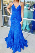 Trumpet Hot Pink V-Neck Lace Backless Sleeveless Long Prom Dress