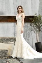 Mermaid Ivory V neck Lace Wedding Dresses with Ruffless Train