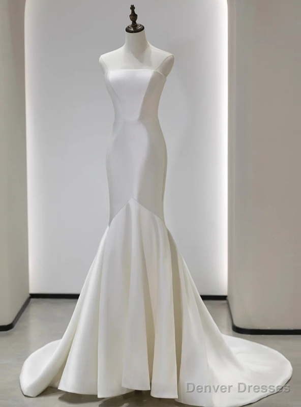 Mermaid Ivory White Satin Strapless Wedding Dress