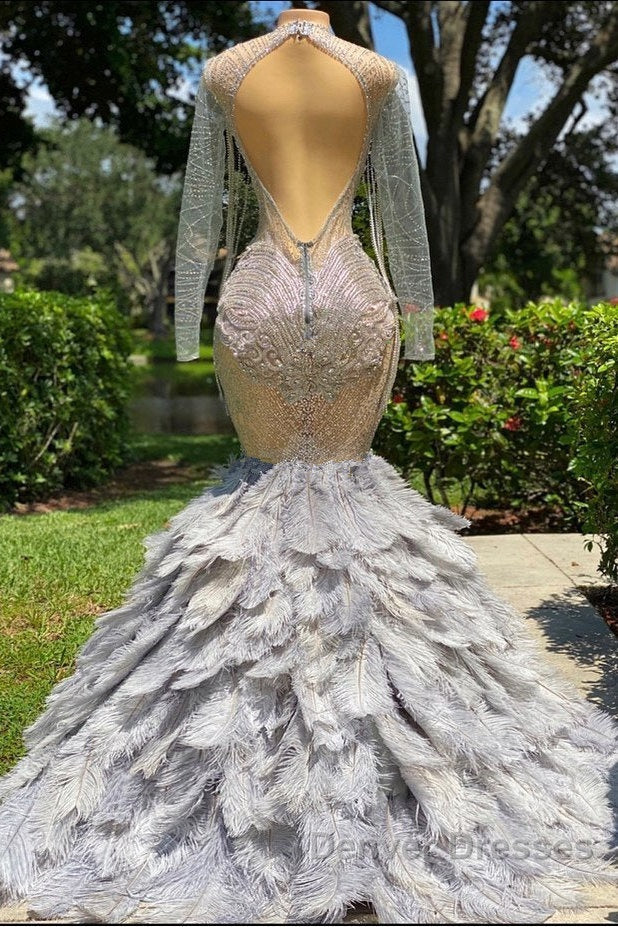 Mermaid Jewel Lace Sequined Open Back Floor-length Long Sleeve Lace Beading Prom Dress With Feather Secondary image
