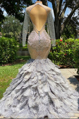 Mermaid Jewel Lace Sequined Open Back Floor-length Long Sleeve Lace Beading Prom Dress With Feather
