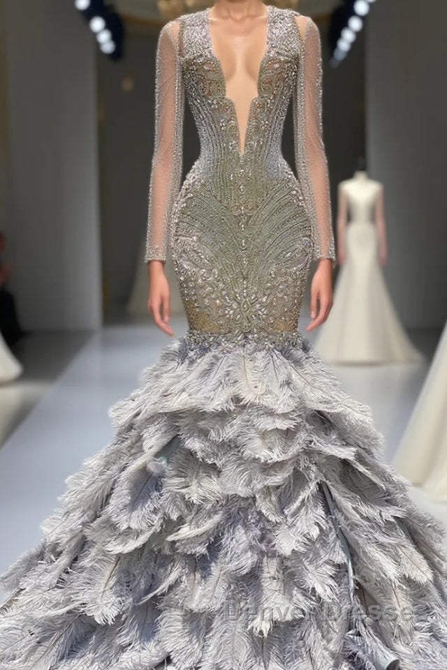 Mermaid Jewel Lace Sequined Open Back Floor-length Long Sleeve Lace Beading Prom Dress With Feather