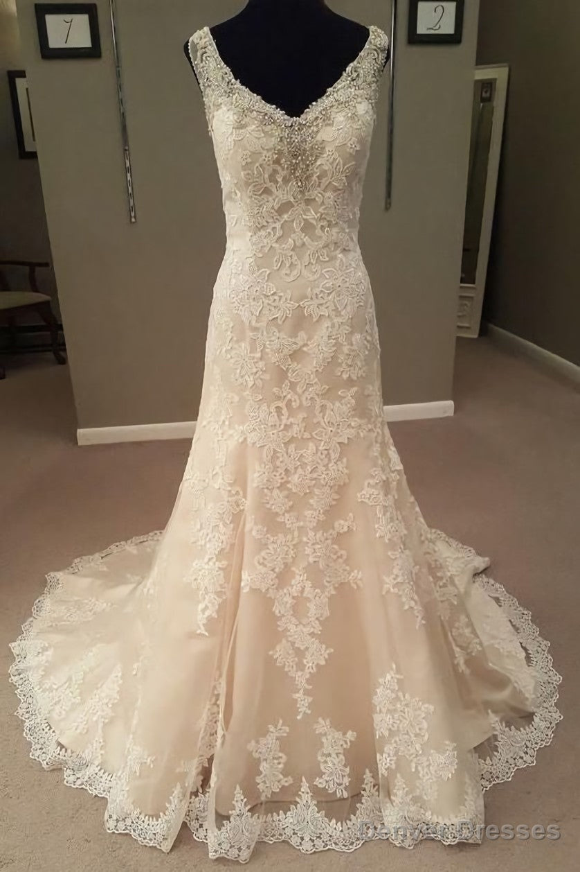 Mermaid Long Champagne Bridal Dress with Lace,Dream Wedding Gown Main image