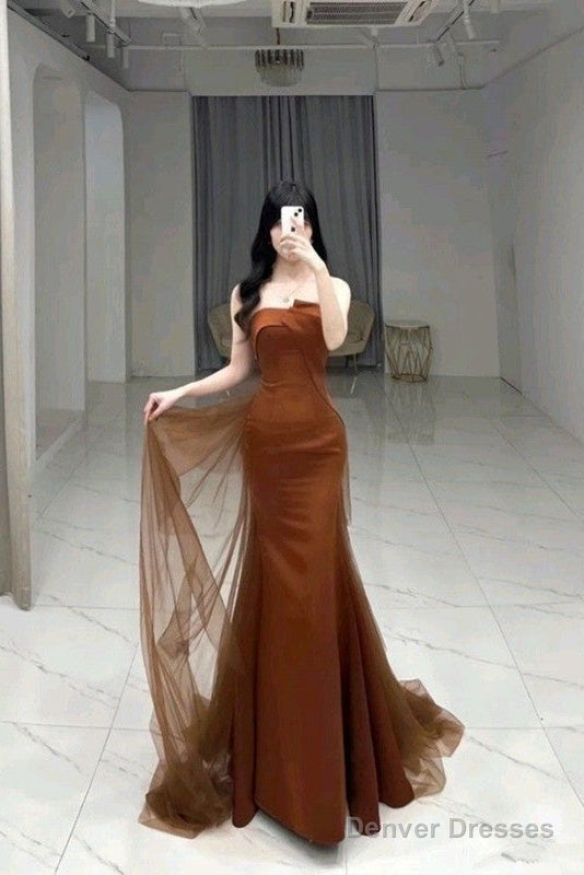 Mermaid Long Prom Dress Strapless Brown Satin Evening Dress Main image
