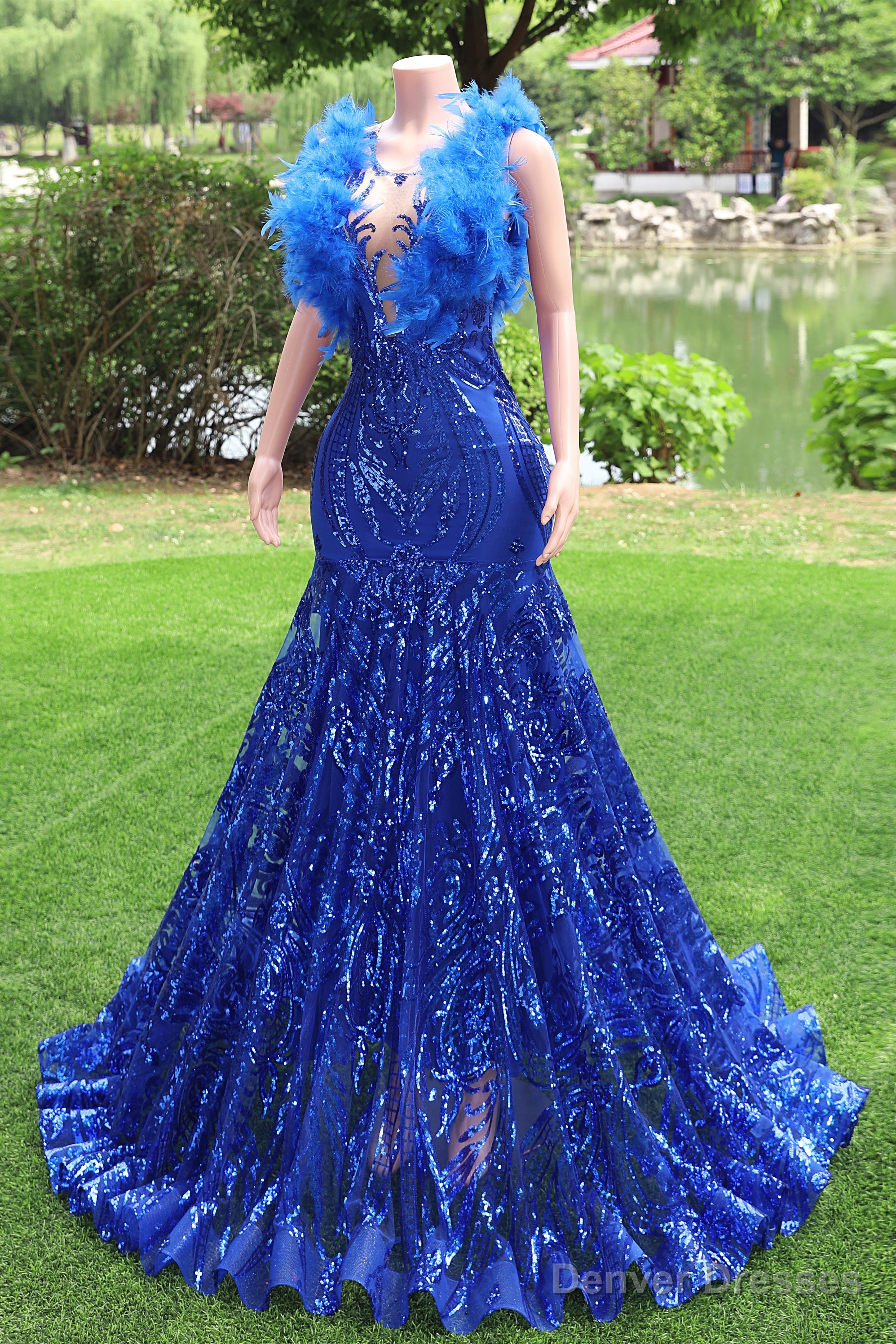Mermaid Long Prom Dresses Sequin Royal Blue Evening Dresses Feather Sleeveless Secondary image