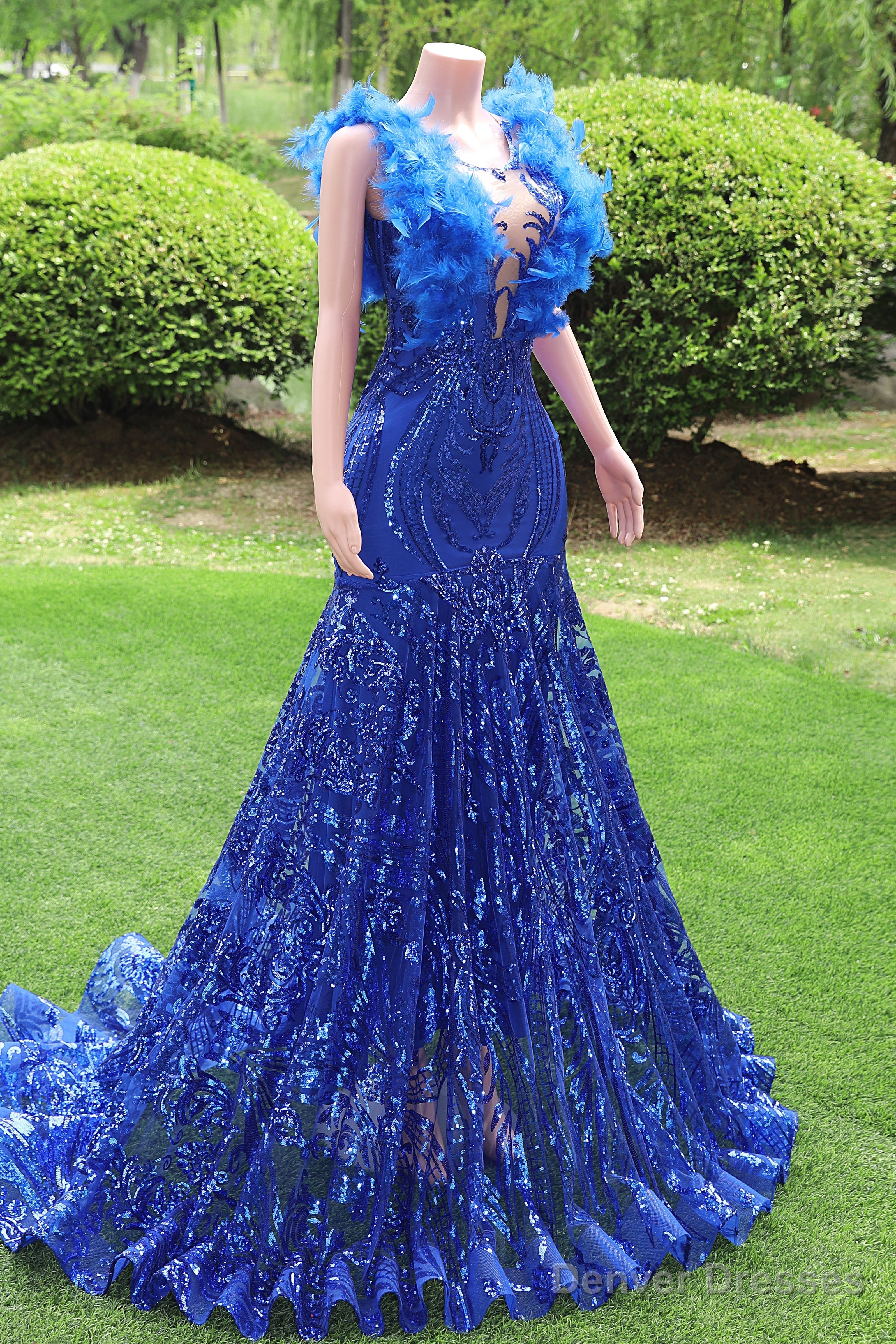 Mermaid Long Prom Dresses Sequin Royal Blue Evening Dresses Feather Sleeveless