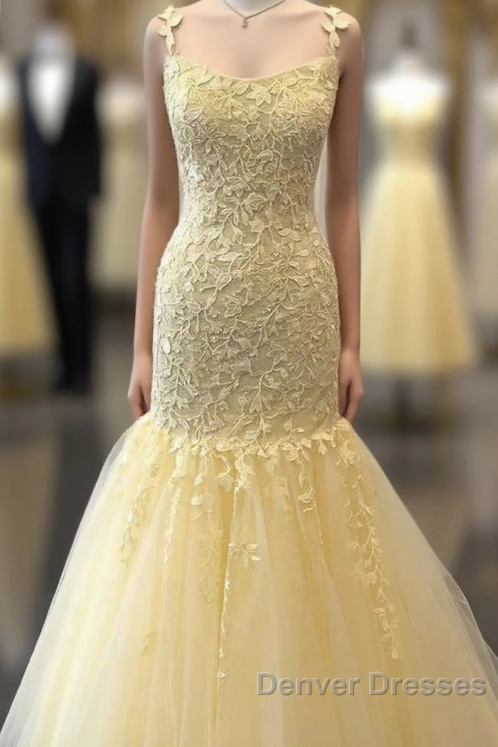 Mermaid Long Prom Dress, Yellow Lace Prom Dress, Modest Evening Party Dress