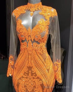 Mermaid Long Sleeve Orange Sequin Prom Dresses