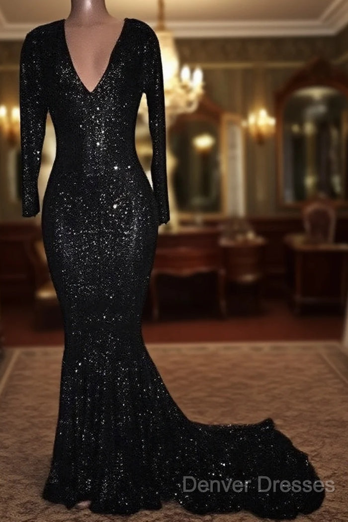 Mermaid Long-Sleeves Black Sequined Prom Dress