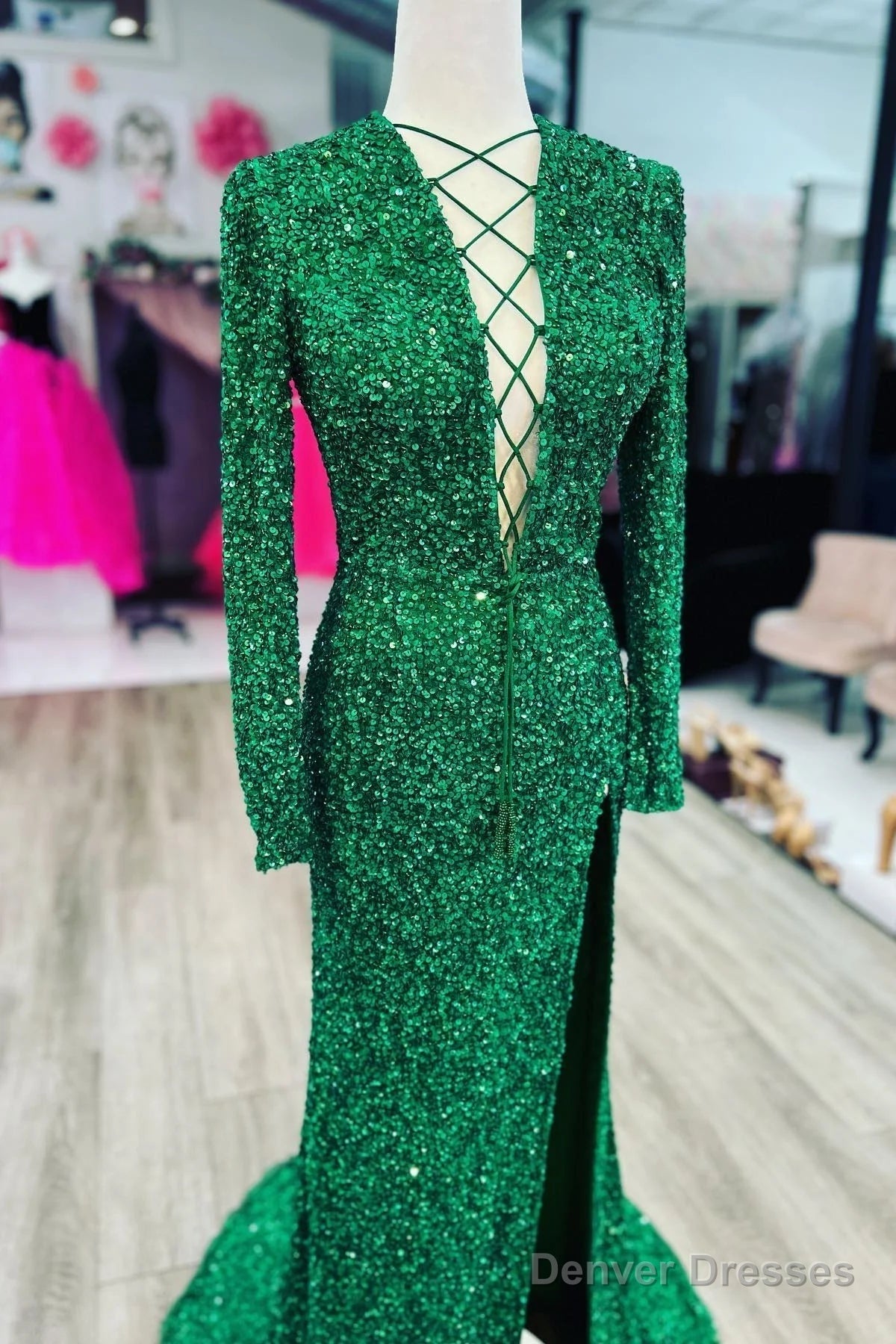 Mermaid Long Sleeves Sequins Green Prom Evening Dresses Lace-Up Neck With Slit