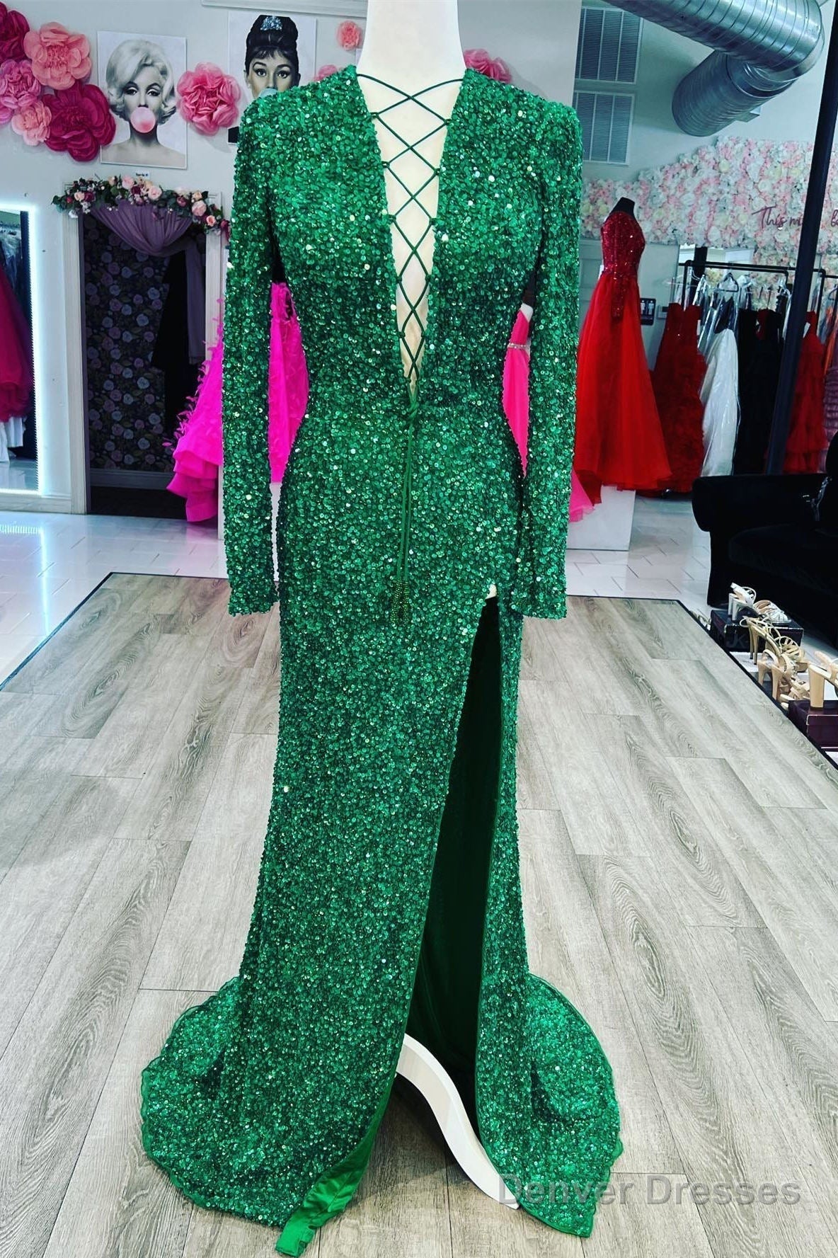 Mermaid Long Sleeves Sequins Green Prom Evening Dresses Lace-Up Neck With Slit Main image
