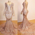 Mermaid Long Sleevess V-Neck Sequined Sweep Train Prom Dress