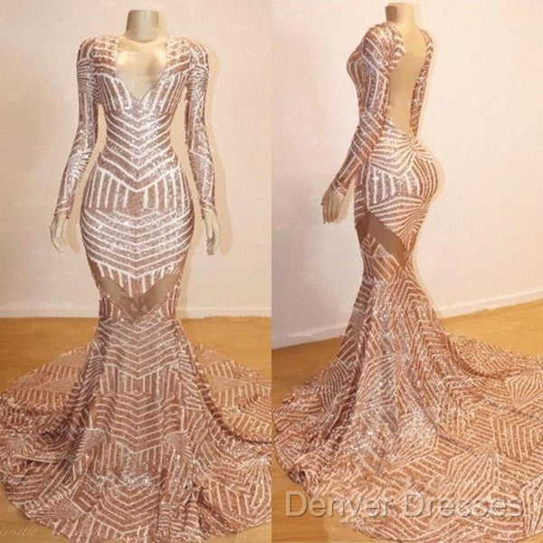 Mermaid Long Sleevess V-Neck Sequined Sweep Train Prom Dress