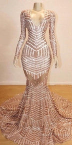 Mermaid Long Sleevess V-Neck Sequined Sweep Train Prom Dress