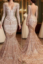 Mermaid Long Sleevess V-Neck Sequined Sweep Train Prom Dress
