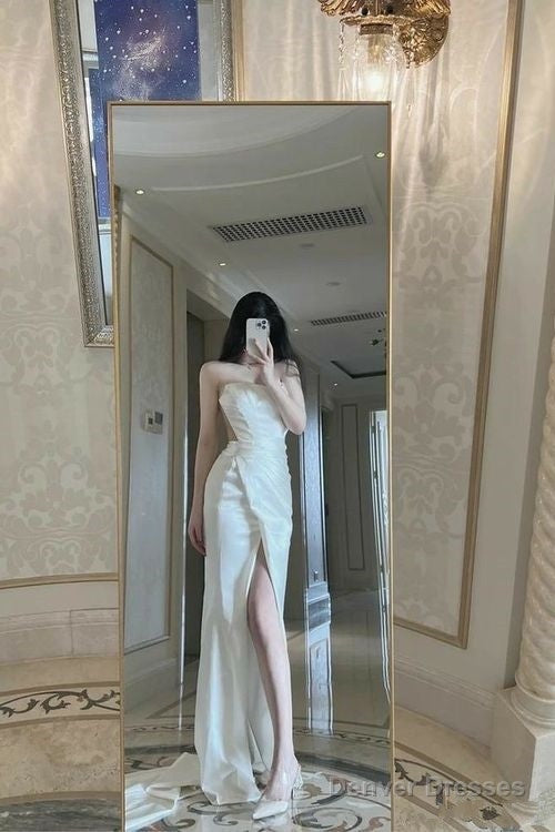 Mermaid Long Slit Prom Dress White Strapless Evening Dress Main image