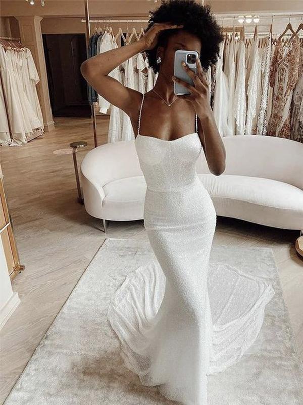 Mermaid Modest Spaghetti Straps Sparkly Long Beach Prom Dress Main image