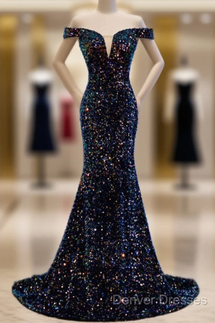 Mermaid Navy Blue Sequins Evening Dress With Off The Shoulder Top Prom Dress Formal Dress Main image