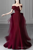 Mermaid Off Shoulder Evening Dress with Bow Burgundy Prom Dress