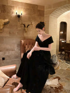 Mermaid Off Shoulder Floor Length Satin Black Prom Dress