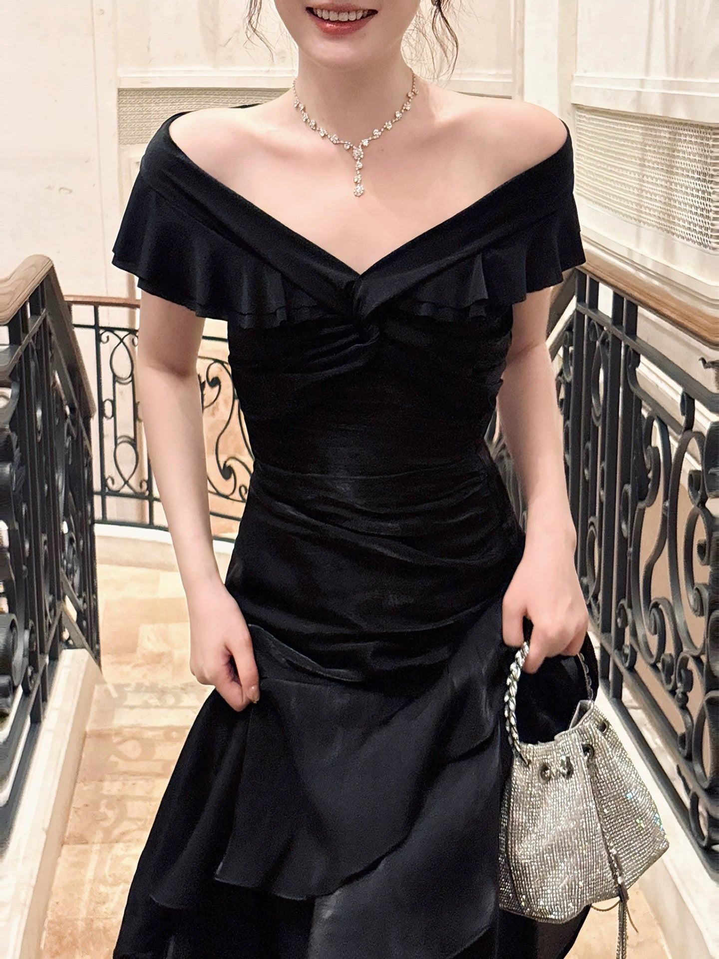 Mermaid Off Shoulder Floor Length Satin Black Prom Dress