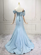 Mermaid Off Shoulder Satin Blue Long Prom Dress, Blue Long Evening Dress