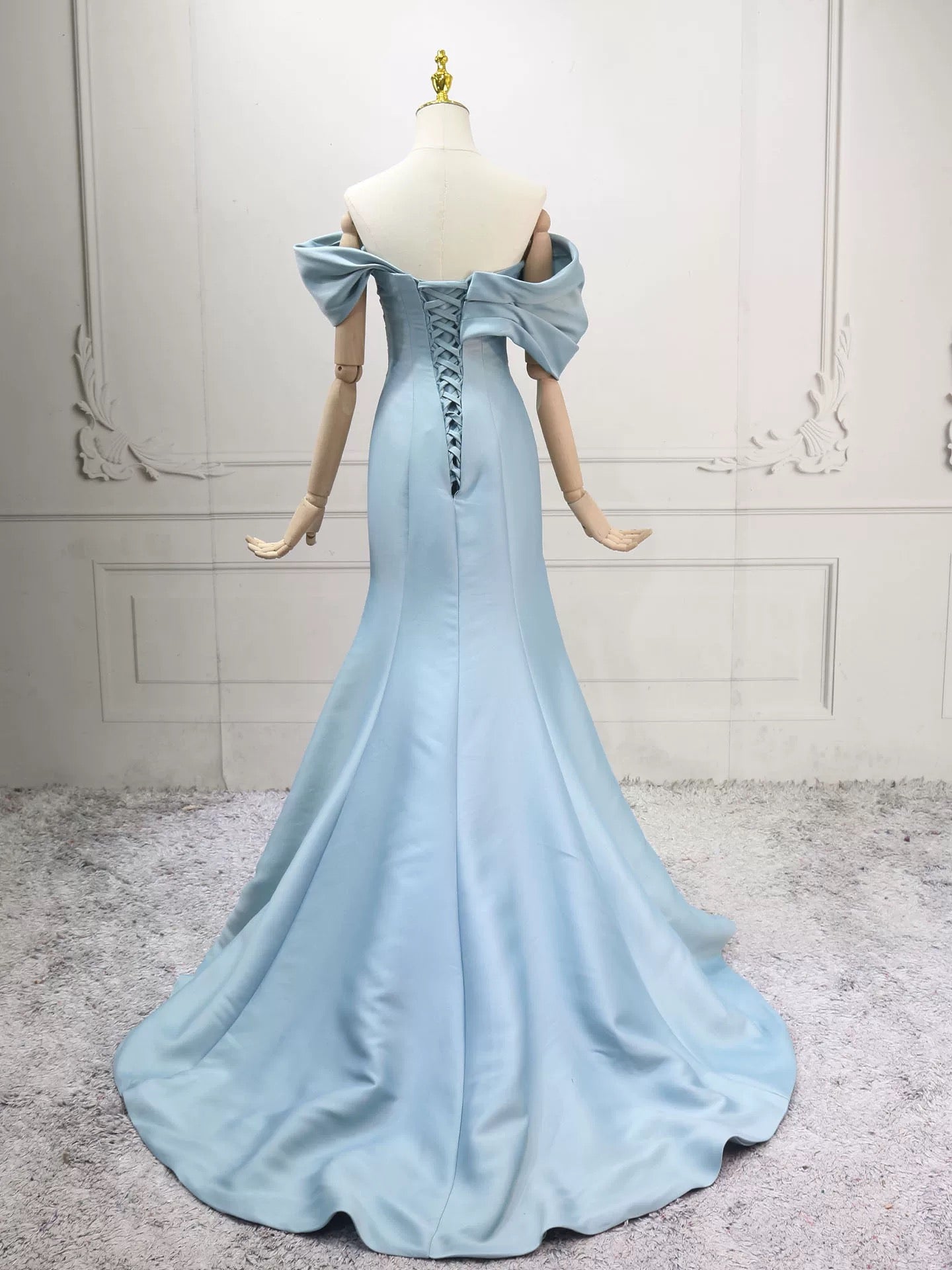 Mermaid Off Shoulder Satin Blue Long Prom Dress, Blue Long Evening Dress