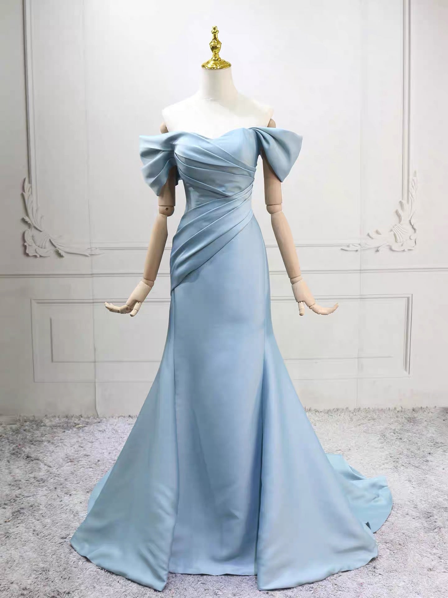 Mermaid Off Shoulder Satin Blue Long Prom Dress, Blue Long Evening Dress Main image