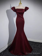 Mermaid off Shoulder Satin Burgundy Long Prom Dress, Burgundy Formal Dress