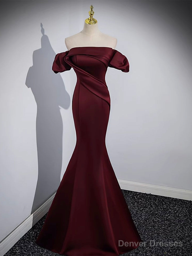 Party Dress Night Out, Mermaid off Shoulder Satin Burgundy Long Prom Dress,  Burgundy Formal Dress – Denver Dresses