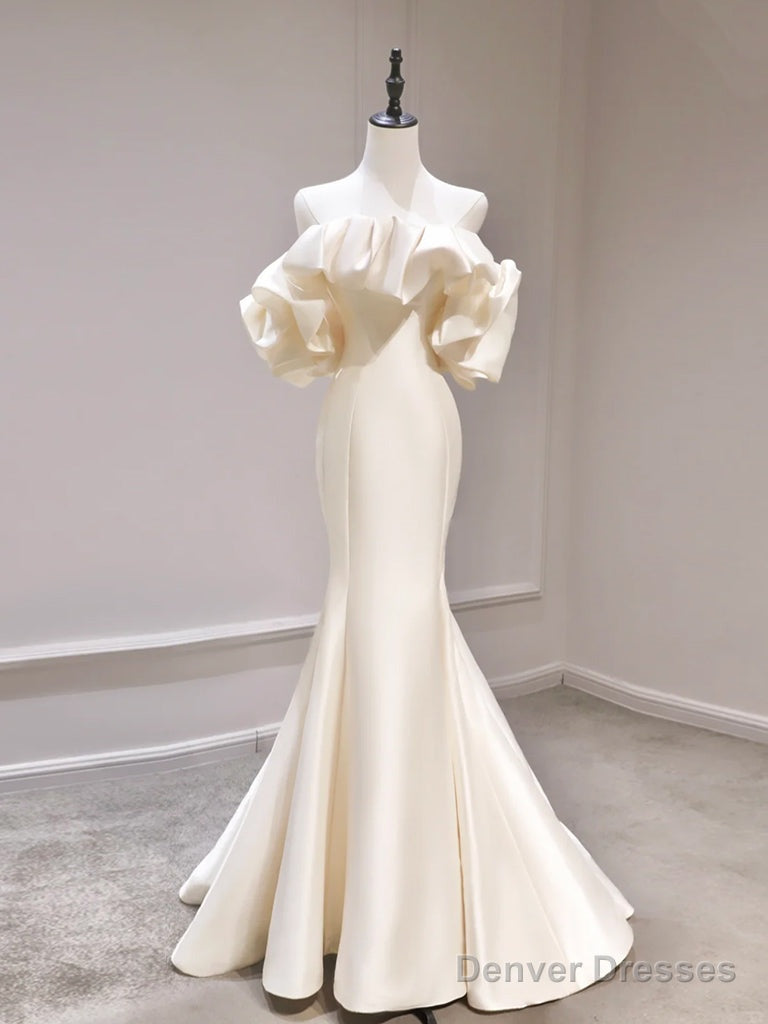Mermaid Off Shoulder Satin Light Champagne Long Prom Dress, Light Champagne Formal Dress Main image
