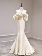 Mermaid Off Shoulder Satin Light Champagne Long Prom Dress, Light Champagne Formal Dress