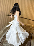 Mermaid Off Shoulder Tea Length Satin White Party Dress