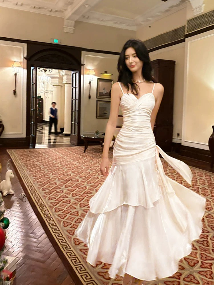 Mermaid Off Shoulder Tea Length Satin White Party Dress Main image