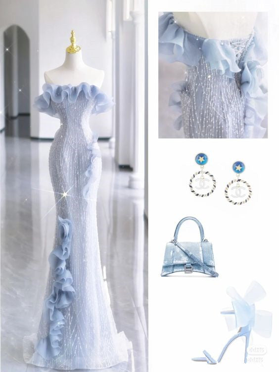 Mermaid Strapless Blue Sequin Prom Dresses Evening Dress