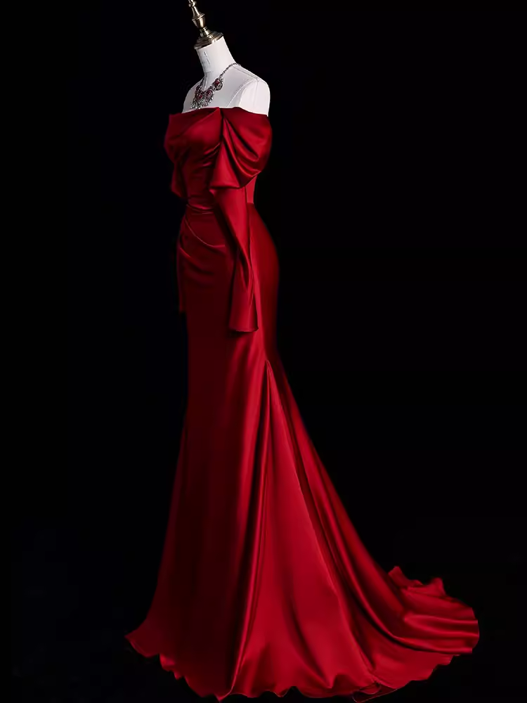 Mermaid Off The Shoulder Burgundy Long Satin Prom Dress Secondary image