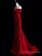 Mermaid Off The Shoulder Burgundy Long Satin Prom Dress
