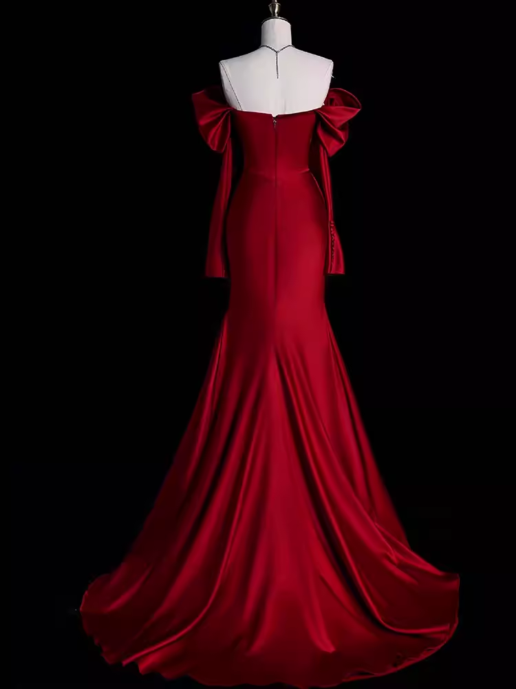 Mermaid Off The Shoulder Burgundy Long Satin Prom Dress