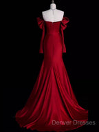 Mermaid Off The Shoulder Burgundy Long Satin Prom Dress