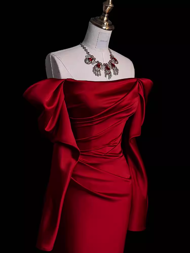 Mermaid Off The Shoulder Burgundy Long Satin Prom Dress