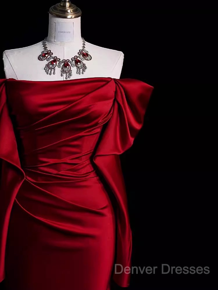 Mermaid Off The Shoulder Burgundy Long Satin Prom Dress
