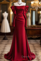 Mermaid Off The Shoulder Burgundy Long Satin Prom Dress