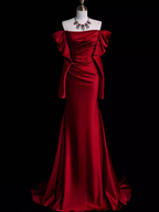 Mermaid Off The Shoulder Burgundy Long Satin Prom Dress