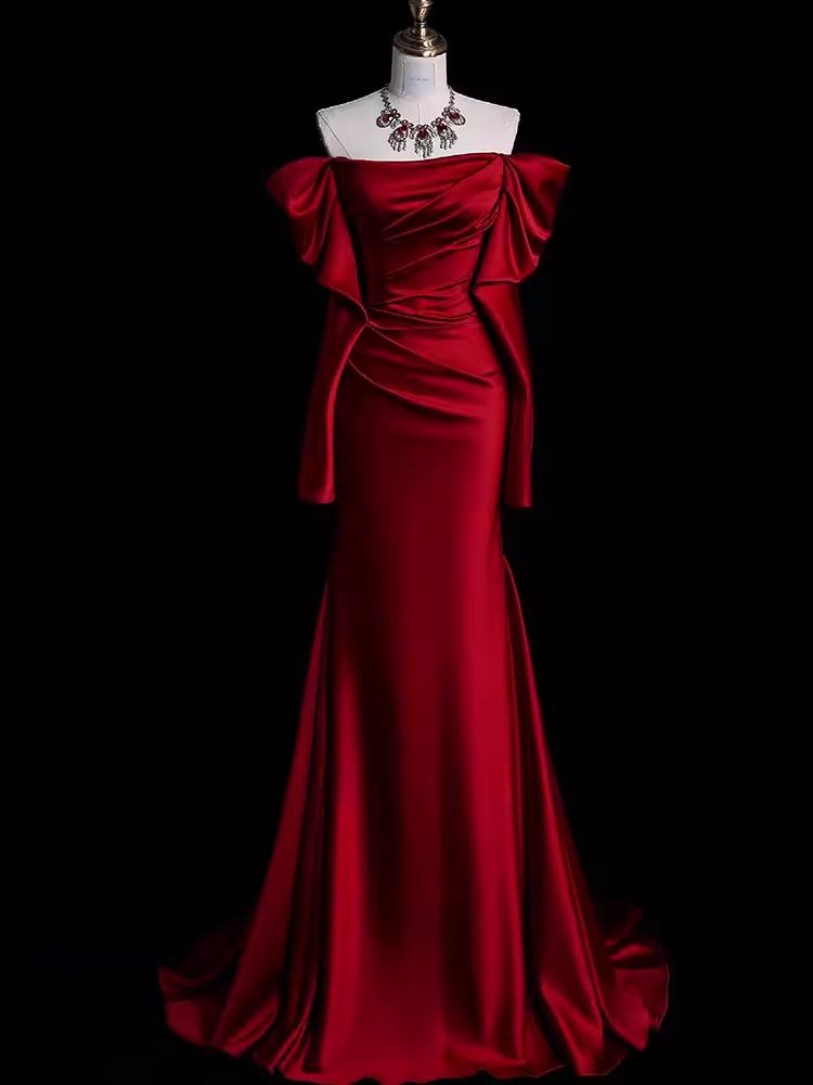 Mermaid Off The Shoulder Burgundy Long Satin Prom Dress