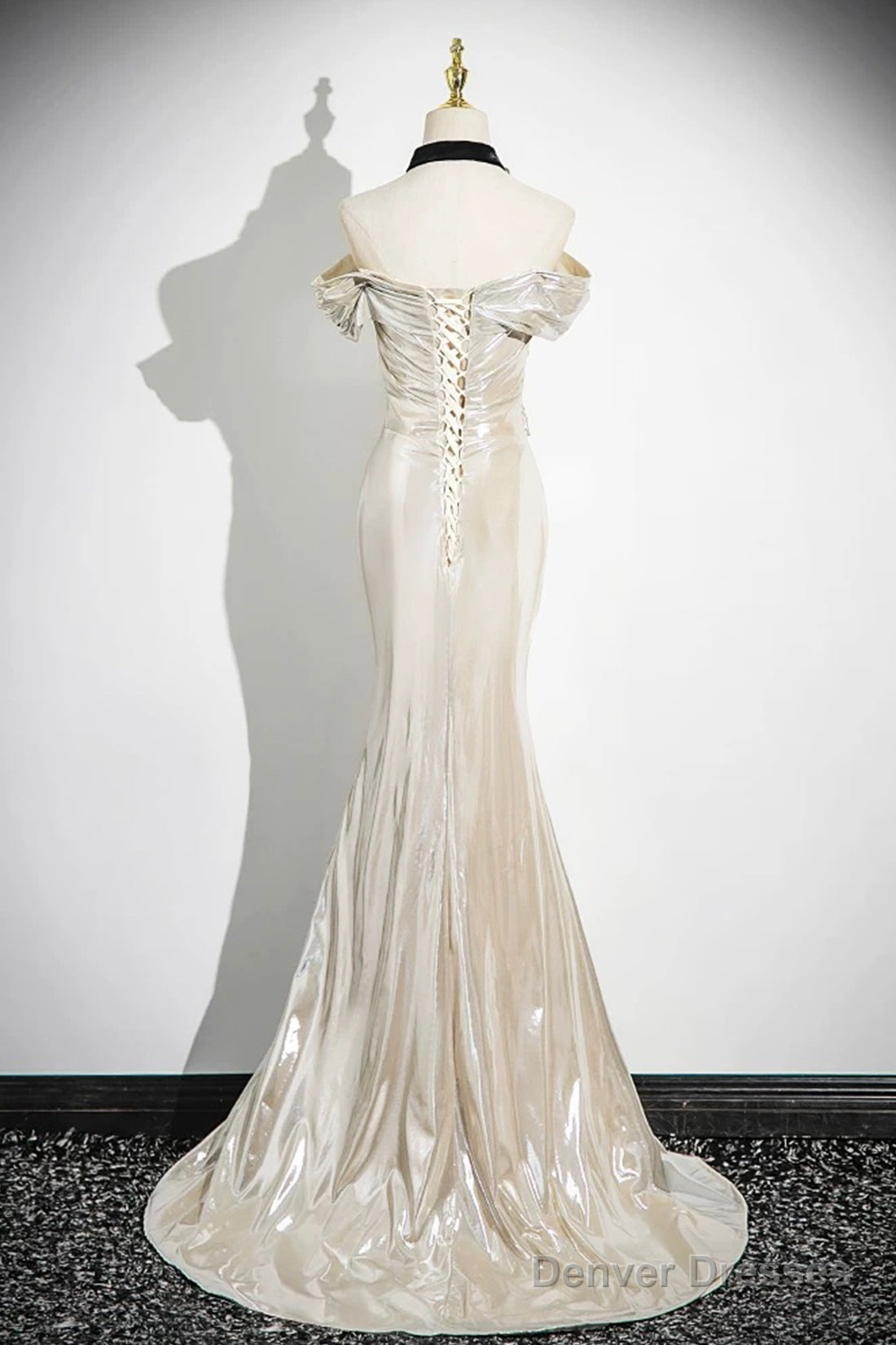 Mermaid Off The Shoulder Floor Length Prom Dress, Shiny Champagne Evening Party Dress